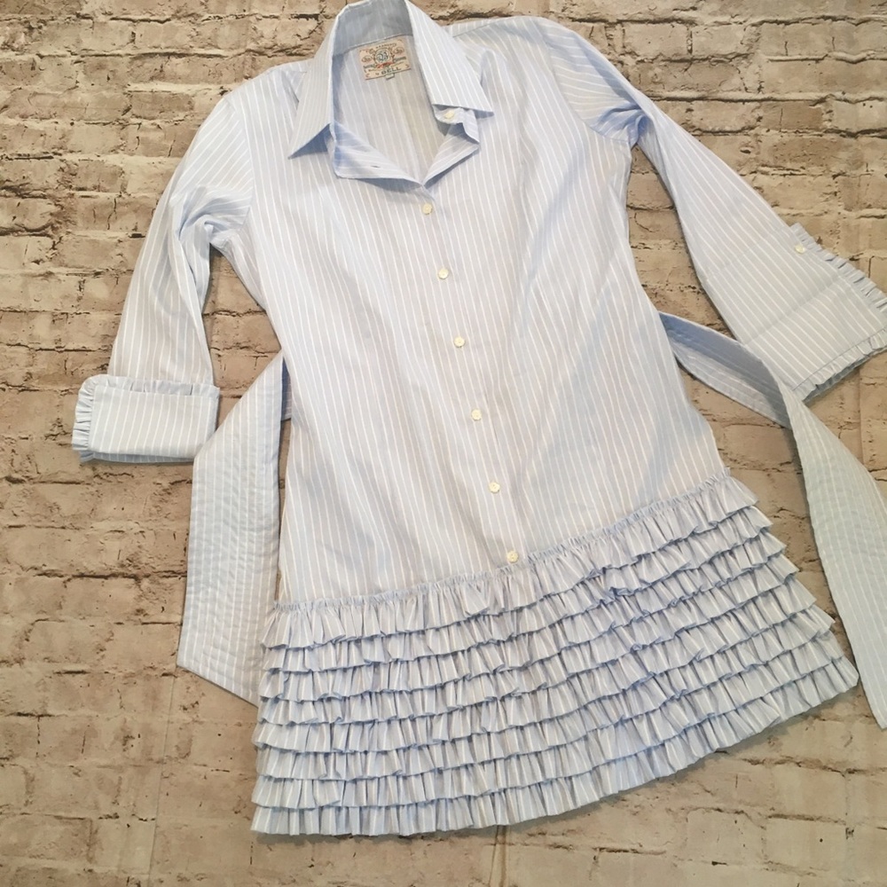 Light Blue Striped Ruffle Hem Shirt Dress